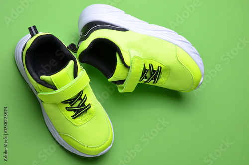 Light green sneakers on a bright background. Casual sports shoes. Top view. photo