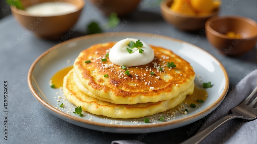 Delicious homemade pancakes topped with cream and mint, perfect for a cozy breakfast Delicious homemade pancakes topped with cream and mint, perfect for a cozy breakfast