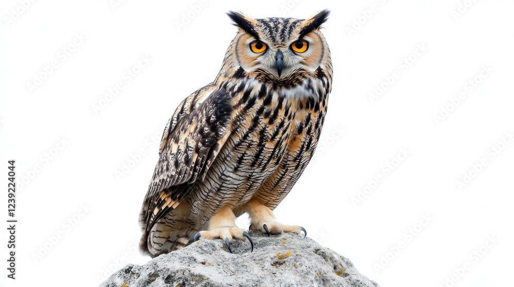 Eurasian eagle-owl perched on rock, white background, wildlife photography Eurasian eagle-owl perched on rock, white background, wildlife photography