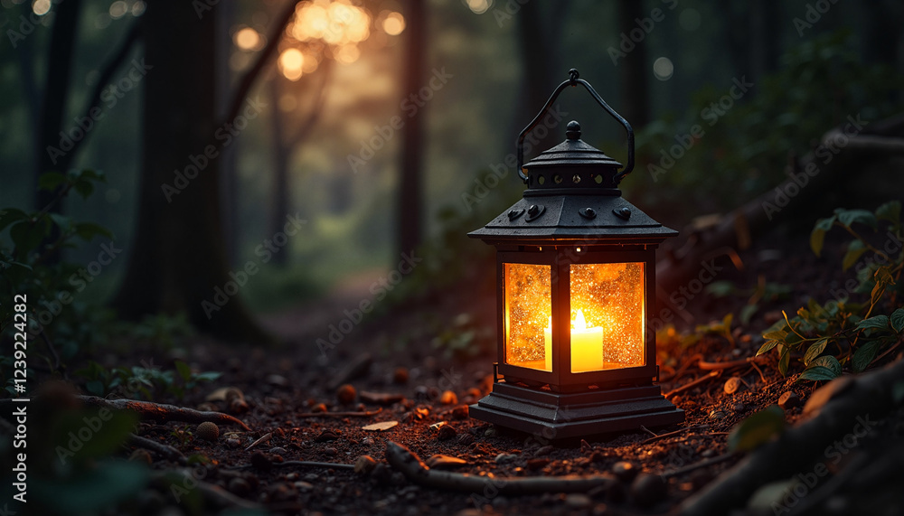 Glowing lantern in mystical forest at dusk Glowing lantern in mystical forest at dusk