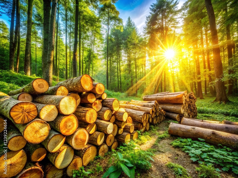 Stacked Wooden Logs in a Lush Green Forest Landscape - Nature Stock Photo Stacked Wooden Logs in a Lush Green Forest Landscape - Nature Stock Photo