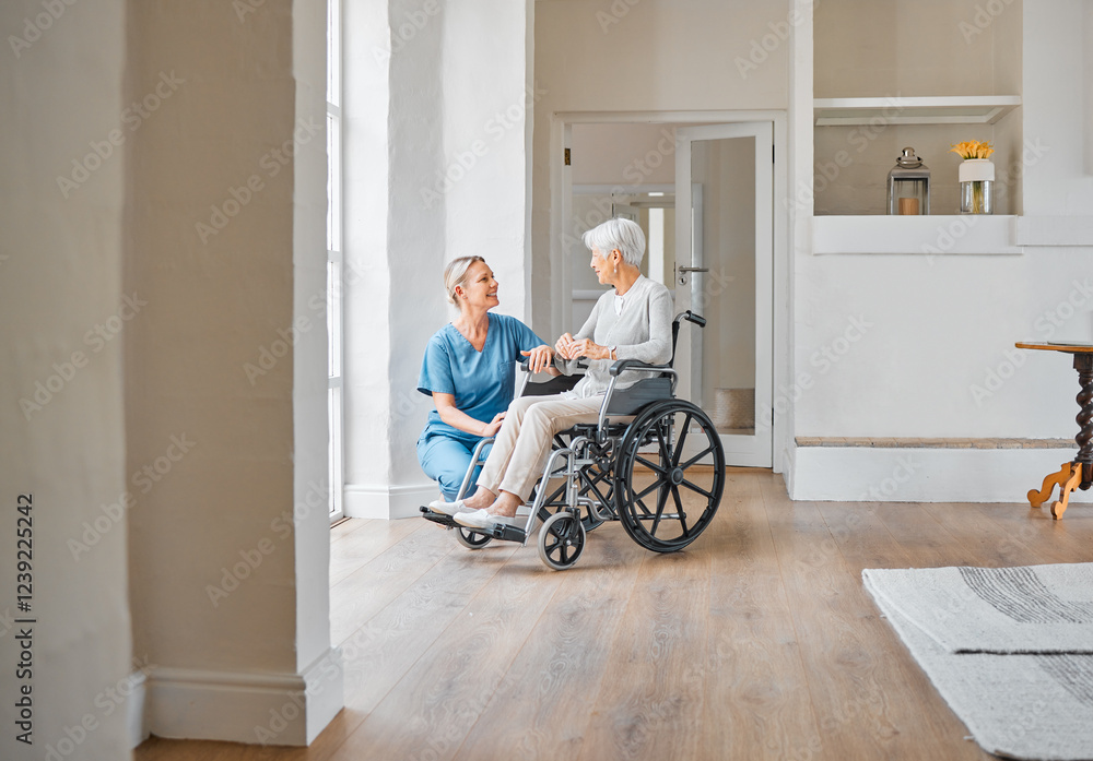 Home, nurse and old woman in wheelchair for support, assistance and rehabilitation with smile. House service, caregiver and senior person with disability for recovery, retirement and help with talk Home, nurse and old woman in wheelchair for support, assistance and rehabilitation with smile. House service, caregiver and senior person with disability for recovery, retirement and help with talk