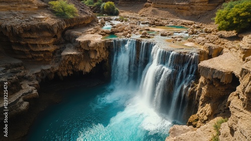 Stunning Aerial View of Turquoise Waterfalls in Wadi Darbat, Salalah - A Middle Eastern Gem