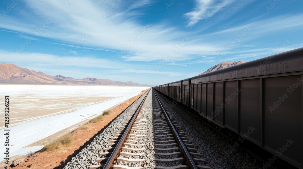 Fototapeta premium Freight Train on Salt Flat Railway Tracks Under Blue Sky