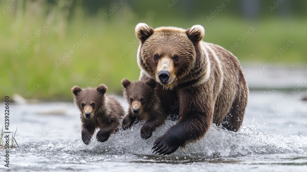 Obraz premium A mother bear and her two cubs run through shallow water, showcasing the beauty of wildlife and the bond between them.