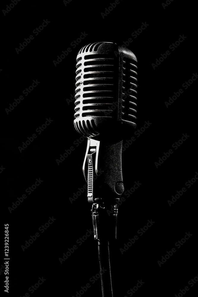 Fototapeta premium Stylized Microphone Silhouette in Black and White on a Minimal Background for Music Icons