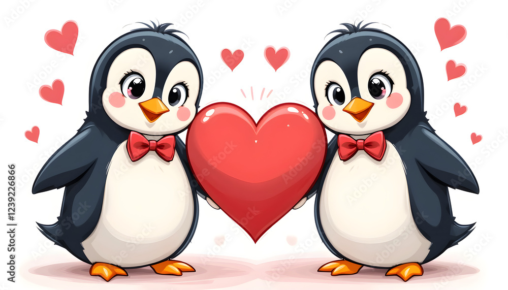 Fototapeta premium Sweet Penguin Couple Holding a Heart for Valentine's Theme