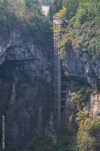 Chongqing.china 24.03.2024 The iconic Glass Elevator in Wulong Karst National Park.a stunning engineering marvel that takes you on a breathtaking journey between towering cliffs and deep valleys.