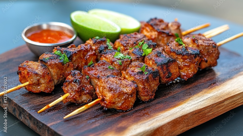 Grilled Pork Skewers with Lime and Spicy Sauce - Delicious grilled pork skewers marinated in a spicy sauce, served with fresh lime wedges. Concept: Flavor, grilling, summer, savory, zest. Grilled Pork Skewers with Lime and Spicy Sauce - Delicious grilled pork skewers marinated in a spicy sauce, served with fresh lime wedges. Concept: Flavor, grilling, summer, savory, zest.