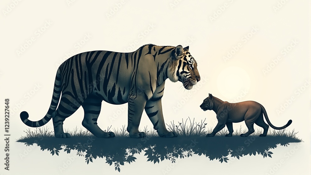 Fototapeta premium Majestic tiger roaming through a serene forest landscape under a gentle twilight sky