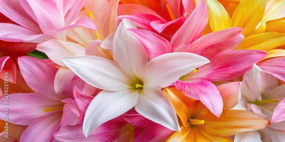 Vibrant and Colorful Arrangement of Fresh Lilies in Various Shades of Pink, White, and Yellow, Perfect for Spring and Floral Designs Vibrant and Colorful Arrangement of Fresh Lilies in Various Shades of Pink, White, and Yellow, Perfect for Spring and Floral Designs