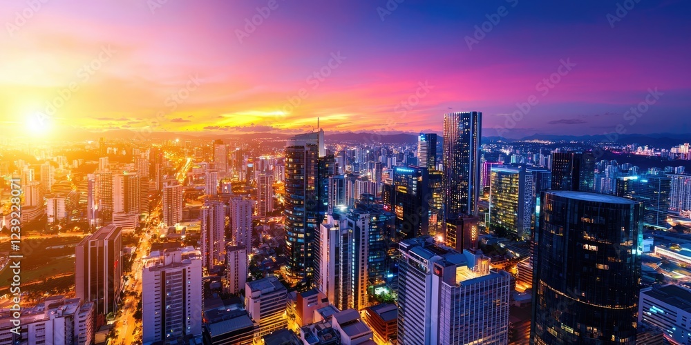 Obraz premium Night view of a futuristic metropolis illuminated by neon lights, highlighting modern urban living