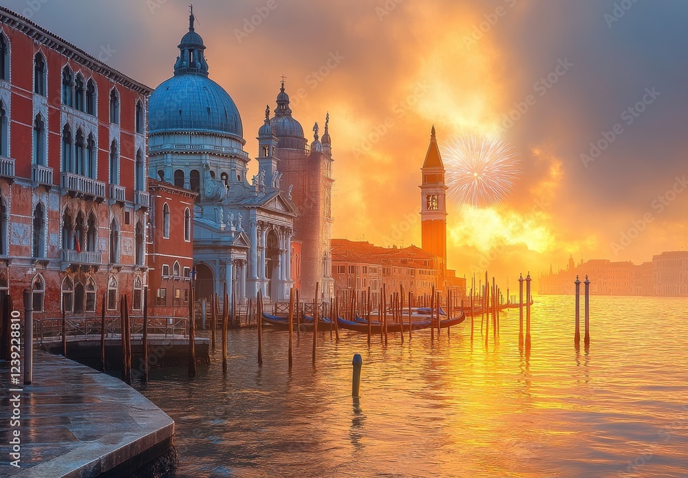 Fototapeta premium Captivating Sunrise Over Venice with Historic Architecture, Vibrant Colors, and Reflections on the Water Amidst a Stunning Fireworks Display