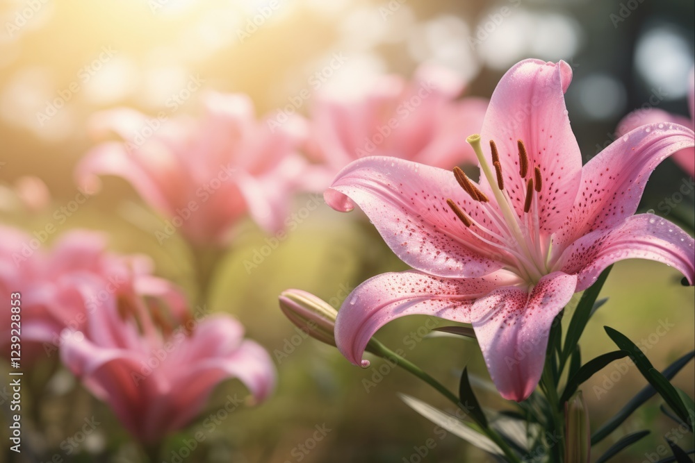 Fototapeta premium Pink Lilly in the Garden. A Closeup of Blooming Lilly in Vintage Morning Light amid Fresh Green Leaves - Nature Decoration for Spring and Summer Season