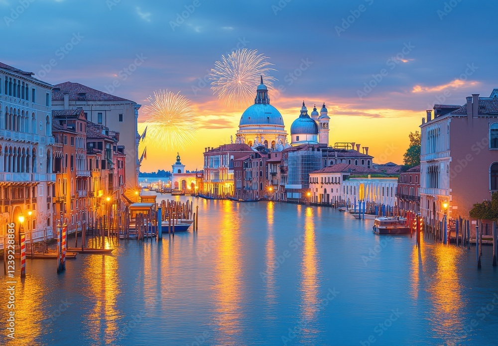 Obraz premium Captivating Sunset View of Grand Canal in Venice with Colorful Fireworks Display Over Historic Architecture and Calm Waters