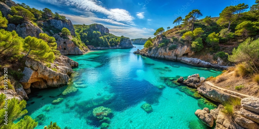 Fototapeta premium Stunning Blue Lagoon Mallorca: Turquoise Waters & Dramatic Cliffs