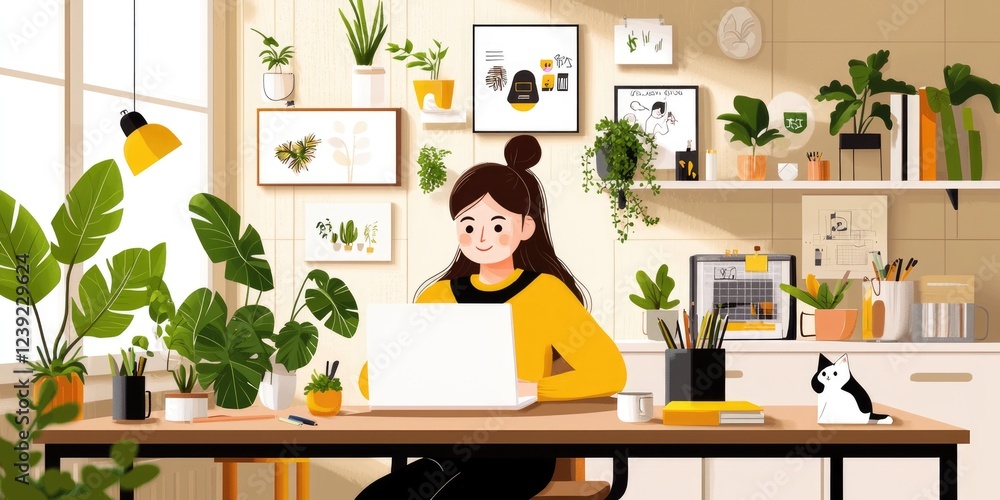 Fototapeta premium A woman video conferencing in a cozy home office with plants and personal touches