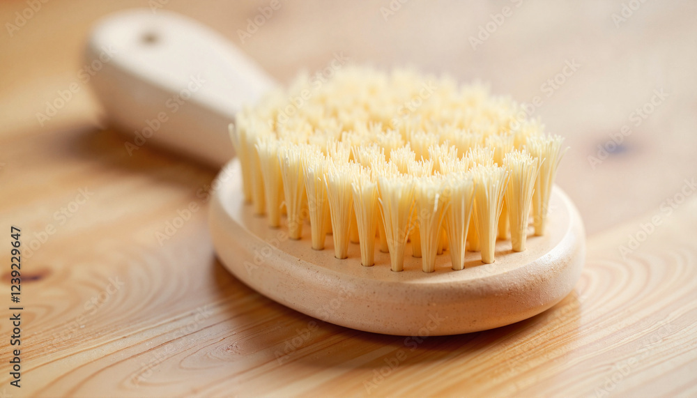 Cat grooming brush resting on wooden table, minimalist beauty Cat grooming brush resting on wooden table, minimalist beauty