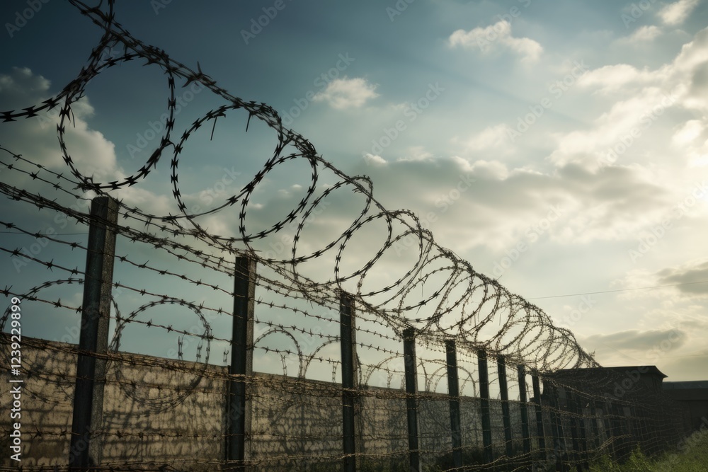 Protection and Security - Barbed Wire Fence at European Border for Refugee and Migration with Metal Wire and Sky in Background Protection and Security - Barbed Wire Fence at European Border for Refugee and Migration with Metal Wire and Sky in Background