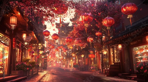 Wallpaper Mural Festive Red Lanterns Illuminate a Serene Street Scene with Warm Glow Amidst Cherry Blossoms in a Traditional Cultural Setting Torontodigital.ca