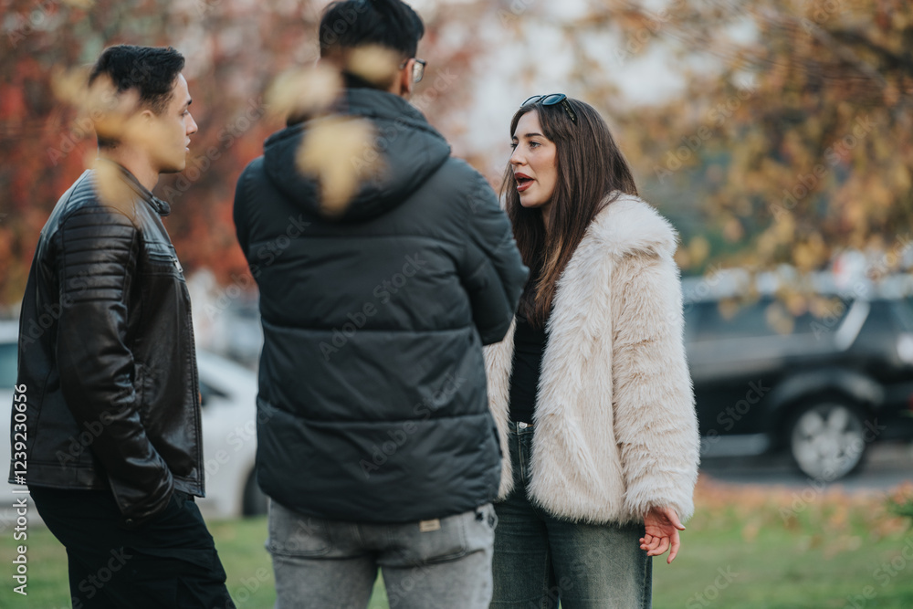 Obraz premium Three people are socializing, standing close together in an outdoor setting during autumn. The scene features colorful autumn leaves in the background, evoking warmth, friendship, and seasonality.