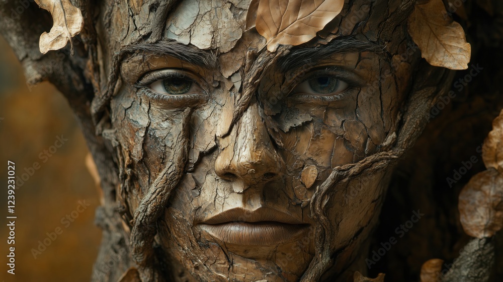 Close-up of a weathered wooden sculpture of serene female face with open eyes Close-up of a weathered wooden sculpture of serene female face with open eyes