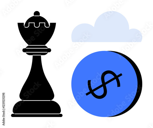 Chess king, dollar coin, and blue cloud focus on strategy, value, and modern connectivity. Ideal for finance, decision-making, strategic planning, digital transformation leadership innovation