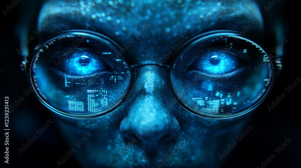 A woman's face is shown through a pair of blue glasses A woman's face is shown through a pair of blue glasses