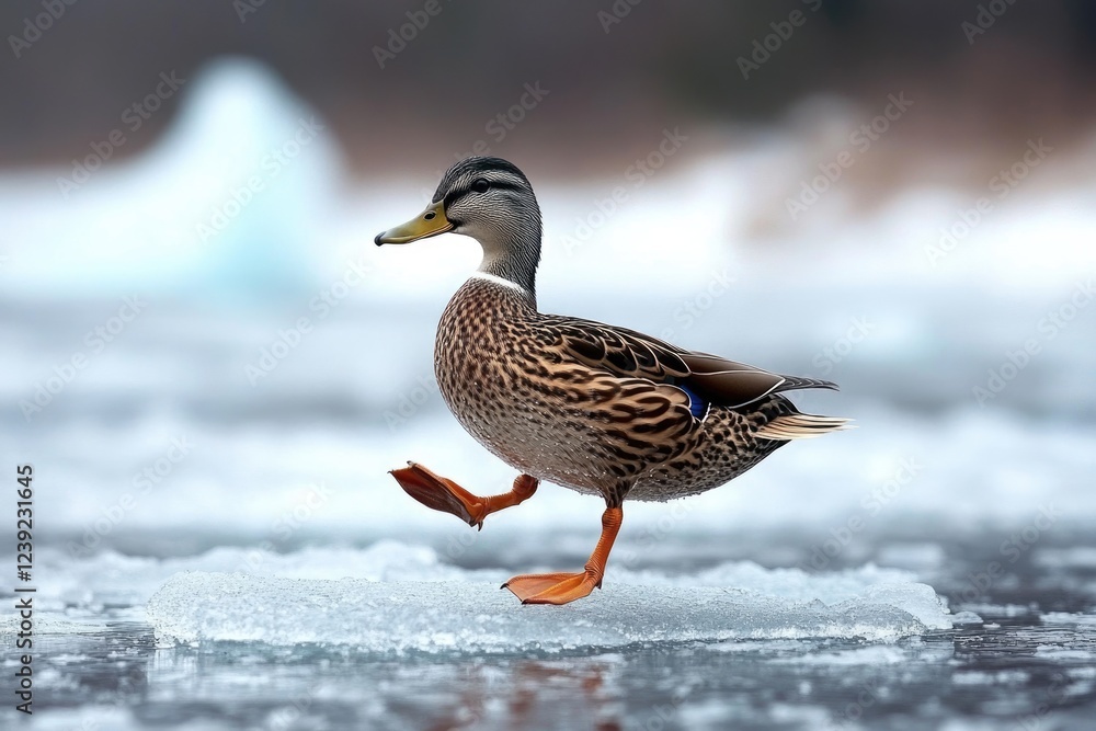 Closeup of a Vulnerable Anas Platyrhynchos Duck Walking on Frosty Ice, One Leg Raised Amidst Glacial Surface in Winter