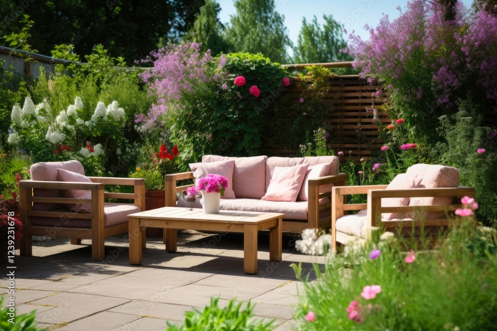 Relax in Style with a Rattan Patio Set: Sofa, Table, and Chair on Wooden Deck with Sunny Garden View