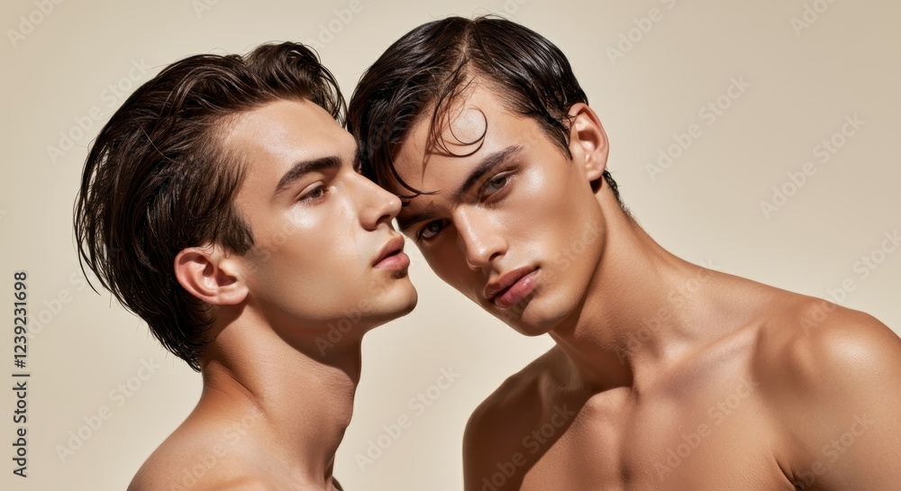 Two young caucasian males with wet hair and neutral expression Two young caucasian males with wet hair and neutral expression