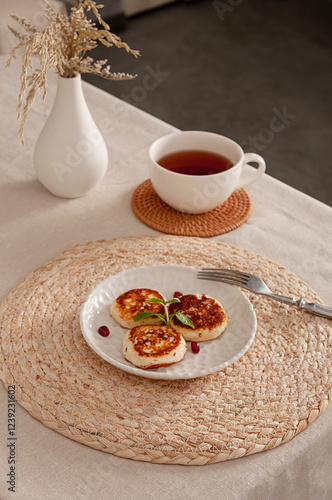 Fragrant fried tvorog pancakes with mint and pomegranate for the perfect breakfast. Table setting. Family Meal Time. photo