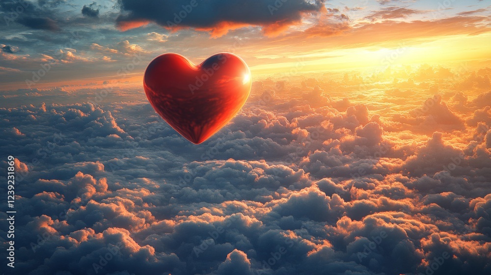 Fototapeta premium Red Heart Shaped Balloon Soaring Above Clouds at Sunset