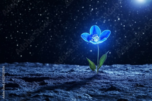 Glowing Blue Flower on Lunar Surface - A single, glowing blue flower blooms on the barren lunar surface, symbolizing hope, resilience, life, wonder, and the future. photo