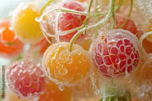 Frozen Delight: Raspberries and Ground Cherries on Ice with Pods and Seeds