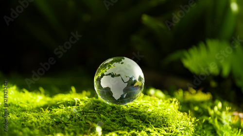 Crystal Earth On Soil In Forest With Ferns And Sunlight - Environment, save clean planet, ecology concept. Earth Day banner. ESG, Environment Social and Governance, World sustainable environment. CSR. photo