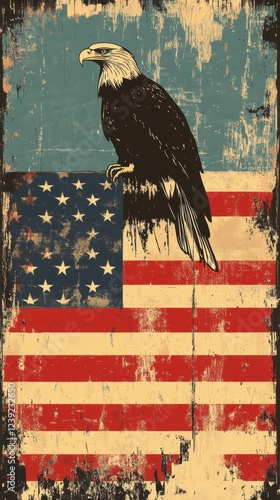 American Bald Eagle Perched Proudly on Distressed Flag photo