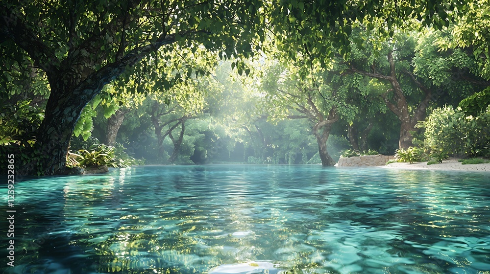 Fototapeta premium A tranquil lagoon bordered by tropical trees and crystal-clear waters