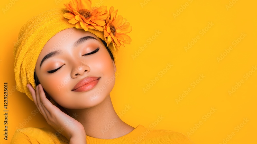 Fototapeta premium A smiling young woman with closed eyes, wearing a yellow towel and adorned with bright flowers, exudes joy against a vibrant yellow background, Ideal for wellness, beauty, or skincare promotions,