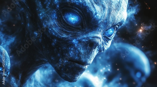 A blue alien with glowing eyes is staring at the camera