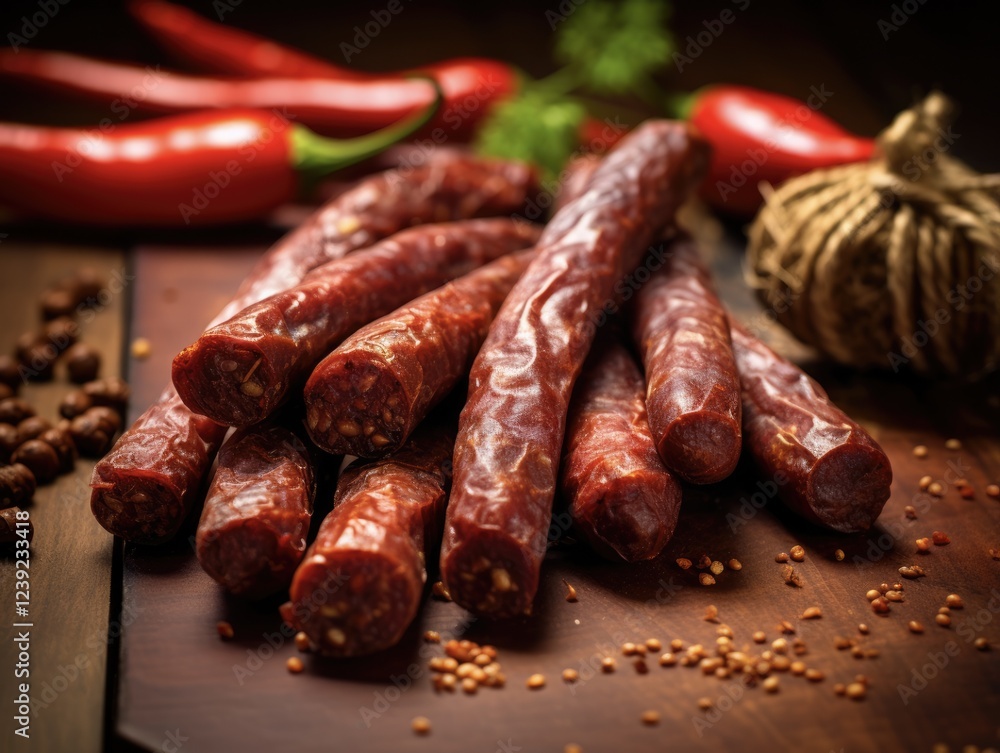 Selective Focus Beef Sticks and Sausages Closeup on a Paper Background - Delicious Snack or Meal Idea with Polish Sausage and Pepper Selective Focus Beef Sticks and Sausages Closeup on a Paper Background - Delicious Snack or Meal Idea with Polish Sausage and Pepper