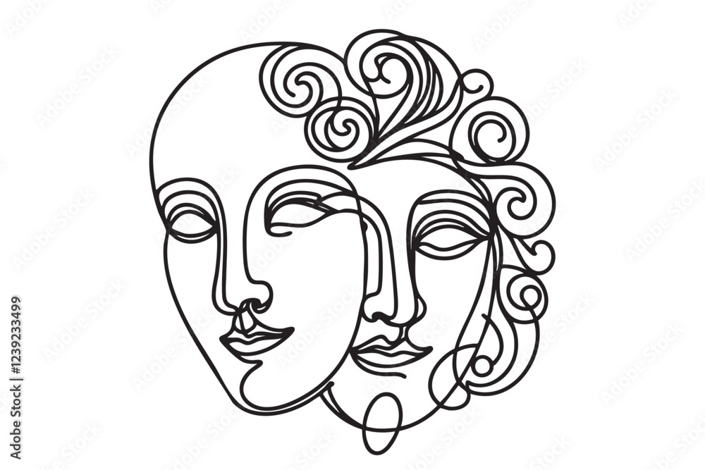 Greek mask, one line drawing, opera event symbols, continuous hand drawing, mask, theatrical humorous smile, one line continuous line, tragedy in theatrical mask. Vector illustration Greek mask, one line drawing, opera event symbols, continuous hand drawing, mask, theatrical humorous smile, one line continuous line, tragedy in theatrical mask. Vector illustration