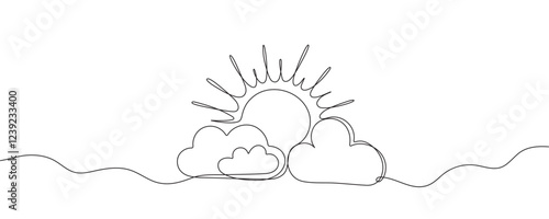 sun and clouds, sun behind cloud simple drawings in one line style. vector illustration