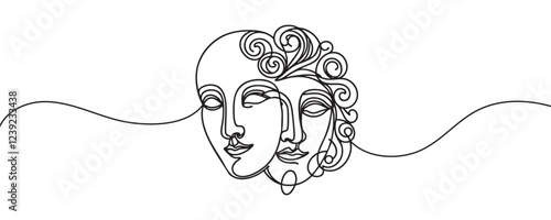 Greek mask, one line drawing, opera event symbols, continuous hand drawing, mask, theatrical humorous smile, one line continuous line, tragedy in theatrical mask. Vector illustration