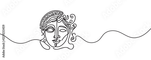 Greek mask, one line drawing, opera event symbols, continuous hand drawing, mask, theatrical humorous smile, one line continuous line, tragedy in theatrical mask. Vector illustration