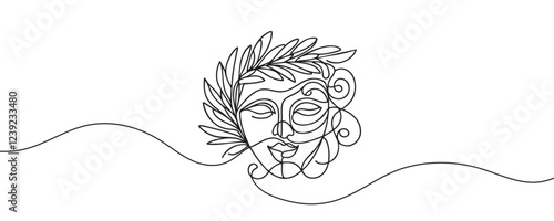 Greek mask, one line drawing, opera event symbols, continuous hand drawing, mask, theatrical humorous smile, one line continuous line, tragedy in theatrical mask. Vector illustration