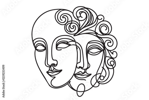 Greek mask, one line drawing, opera event symbols, continuous hand drawing, mask, theatrical humorous smile, one line continuous line, tragedy in theatrical mask. Vector illustration