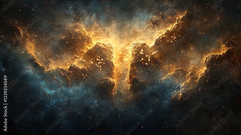 Obraz premium Cosmic Nebula: Golden Clouds and Stellar Dust in a Dramatic Spacecape