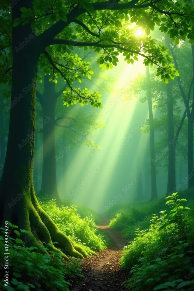 Obraz premium Misty green forest, sunlight filtering through leaves, mist, perspective