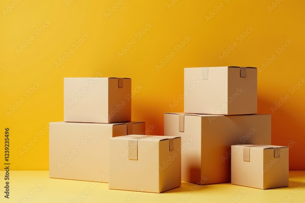 Fototapeta premium Neatly stacked cardboard boxes, various sizes, logistics, ecommerce